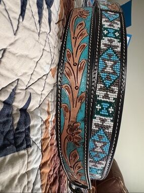 Turquoise and Brown Tooled Leather Beaded Purse Strap